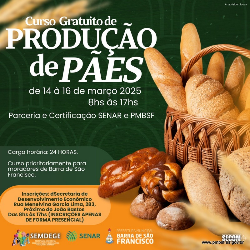 Abertas as inscrições para curso gratuito de produção de pães ofertados pela parceria entre Prefeitura e Senar