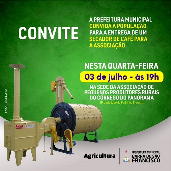 Imagem da notícia: Prefeitura entregará secador de café à comunidade agrícola de Córrego Panorama nesta quarta-feira, 03